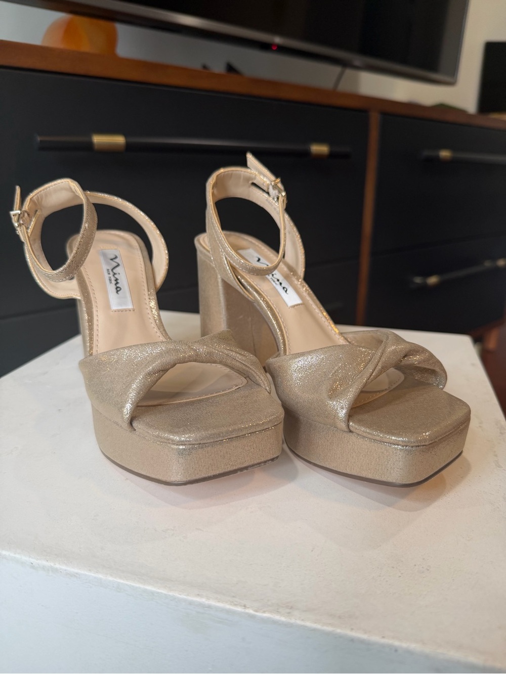 Nina Metallic Gold Platform Ankle-Strap Sandals